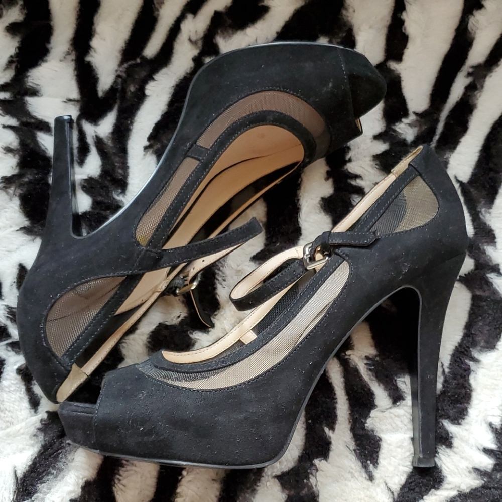 Nine West Sued Mesh Heels Open Toe Pumps